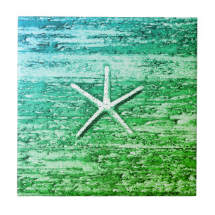 Carreau Aquarelle bleu-vert de bois de flottage d'étoiles