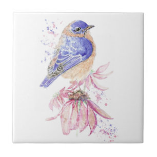 Carreau Aquarelle Bluebird Fleur rose Oiseau Art