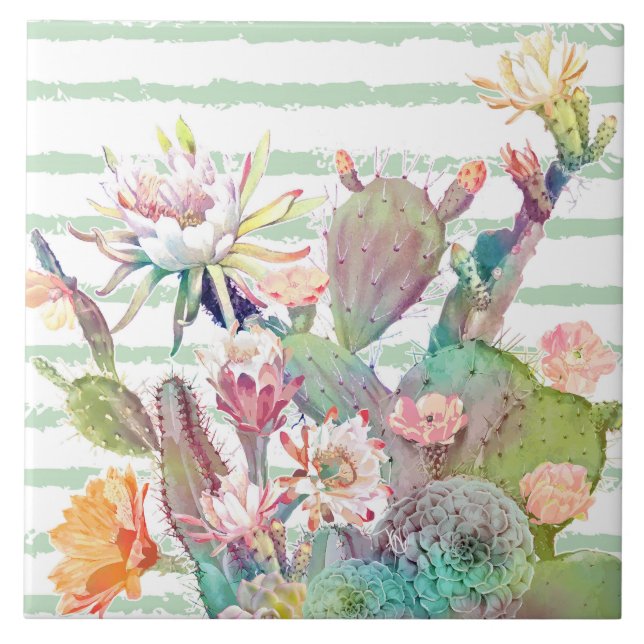 Carreau Aquarelle Cactus Floral Stripes Design (Devant)