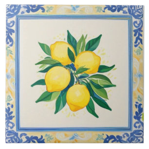 Carreau Aquarelle Citrons Bleu Vert Jaune Blanc Estival