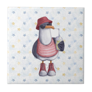 Carreau Aquarelle Cute Beach Seagull Cartoon Oiseau Nature