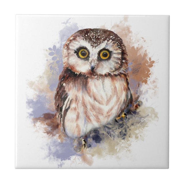 Carreau Aquarelle Cute Little Saw Whet Owl Bird (Devant)