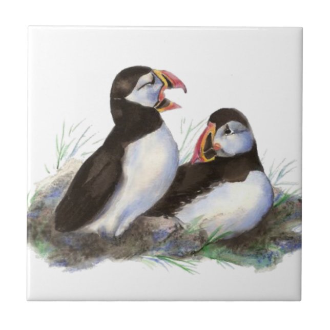 Carreau Aquarelle Cute Puffin Oiseau Art (Devant)