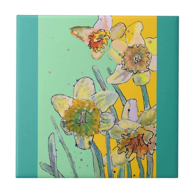 Carreau Aquarelle Daffodique Fleur Floral Aqua (Devant)