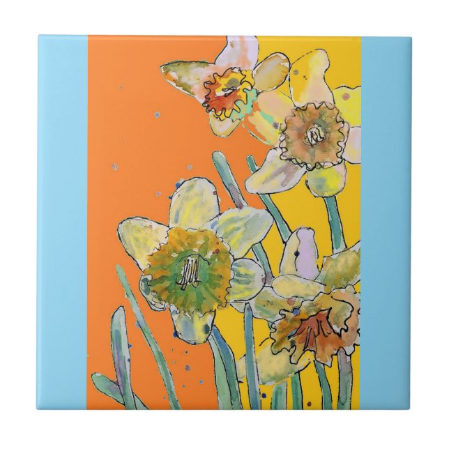 Carreau Aquarelle Daffodique Fleur Floral Orange Jaune (Devant)