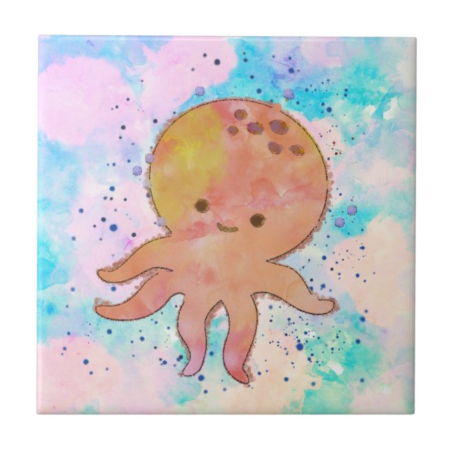 Carreau Aquarelle de caricature de poulpe mignonne (Devant)