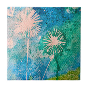 Carreau Aquarelle de Dandelion bleu et vert abstrait