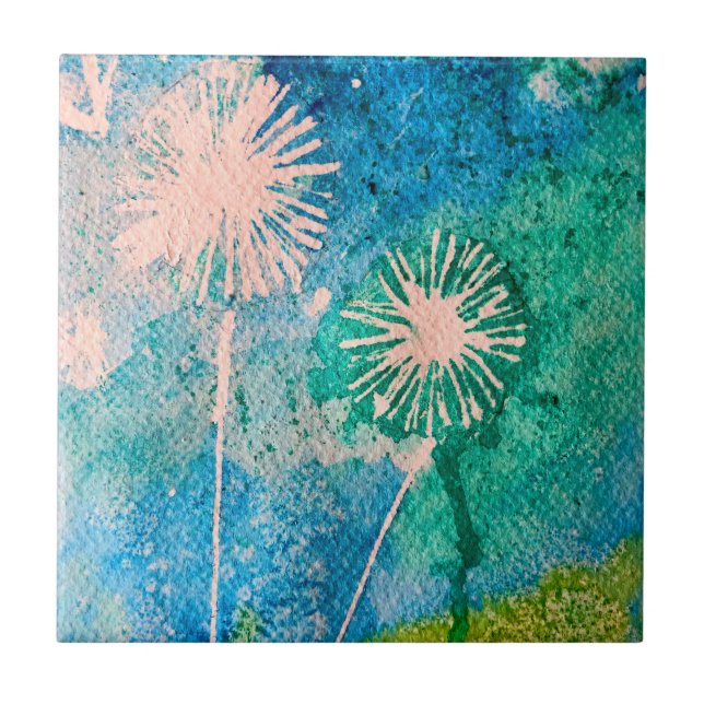 Carreau Aquarelle de Dandelion bleu et vert abstrait (Devant)
