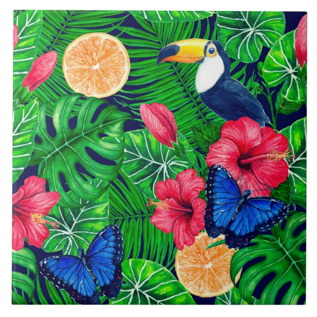 Carreau Aquarelle de jardin toucan et tropical (Devant)