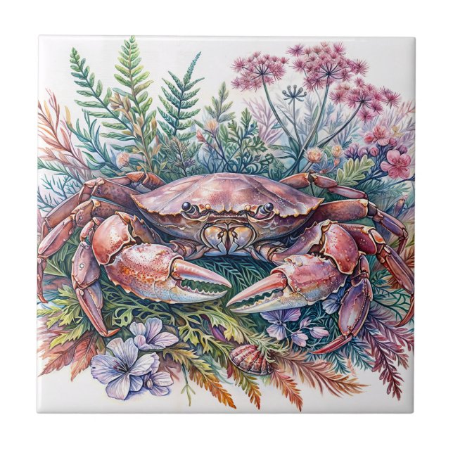 Carreau Aquarelle de la vie marine du crabe végétal (Devant)