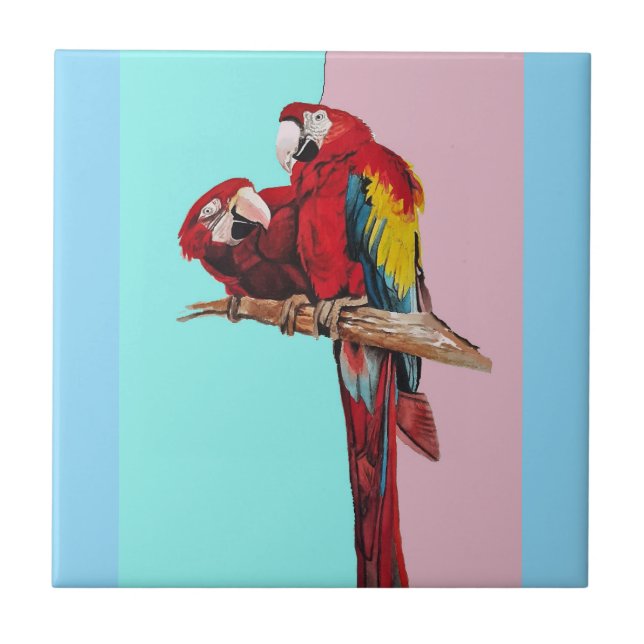 Carreau Aquarelle de perroquet rose Jaune Bébé Bleu Macaw (Devant)