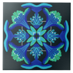 Carreau Aquarelle de style Art déco noir bleu vert floral