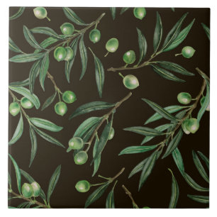 Carreau Aquarelle des branches d'olive en noir