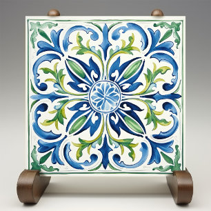 Carreau Aquarelle du jardin sicilien bleu vert