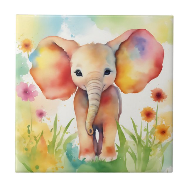 Carreau Aquarelle Eléphant Serène Coloré (Devant)