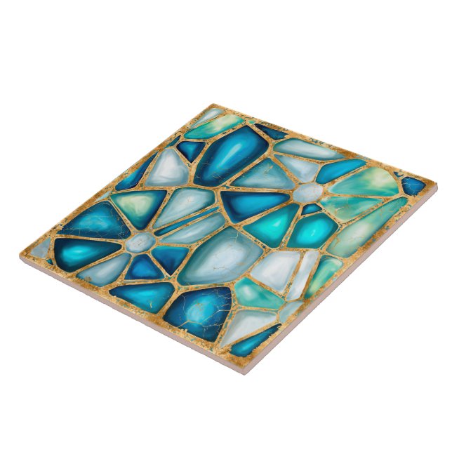 Carreau Aquarelle et cellules dorées - océan - cadre doré (Côté)