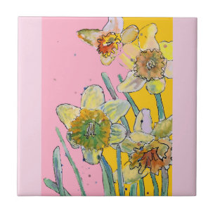 Carreau Aquarelle Fleur de Narcisse Floral Rose Jaune