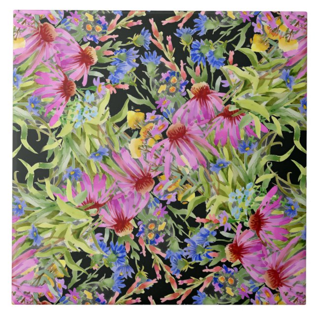 Carreau Aquarelle Florale motif jaune vert rose (Devant)