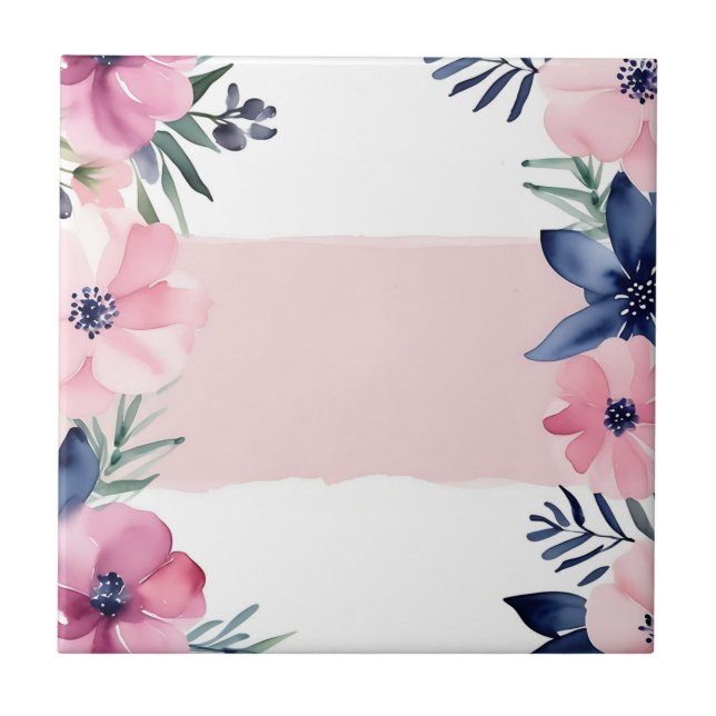 Carreau Aquarelle Florale Rose Et Fleurs Bleues (Devant)