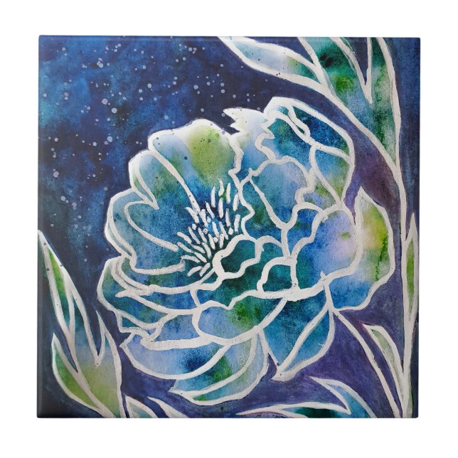 Carreau Aquarelle florale Turquoise bleu Dahlia Navy (Devant)