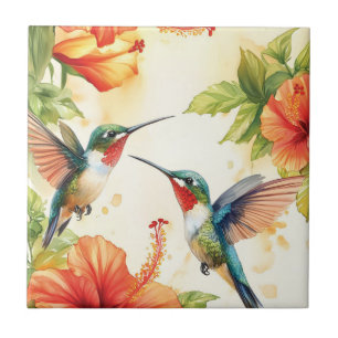 Carreau Aquarelle Hummingbird and Flowers Design