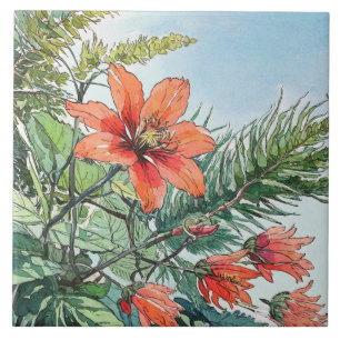 Carreau Aquarelle illustrée Botanique Orange Floral