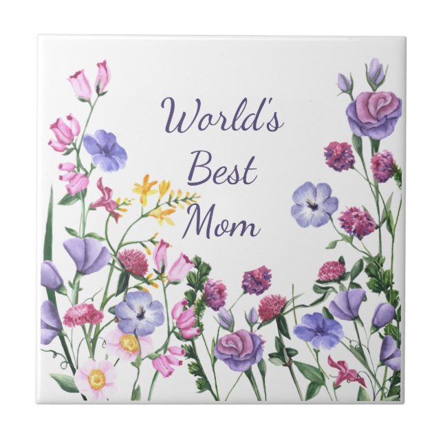 Carreau Aquarelle Jardin Fleurs Meilleure maman au monde (Devant)