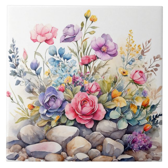 Carreau Aquarelle Jardin Fleurs sur les rochers (Devant)