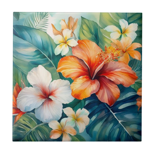 Carreau Aquarelle Jardin hawaïen Hibiscus tropical (Devant)