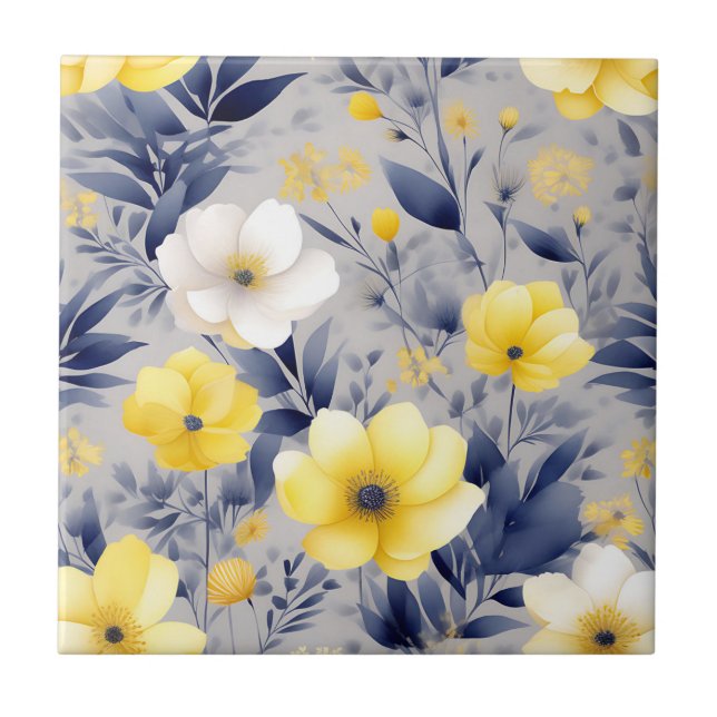 Carreau Aquarelle jaune et gris Dreamy Floral (Devant)