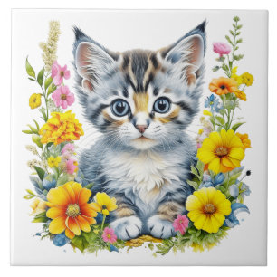 Carreau Aquarelle Kitten en Fleurs Jaunes et Roses