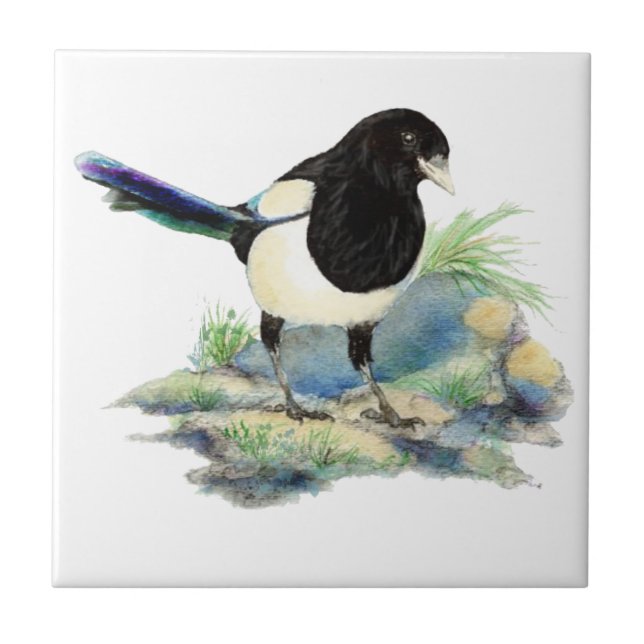 Carreau Aquarelle Magpie Oiseau Faune Art (Devant)