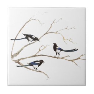 Carreau Aquarelle Magpie oiseaux de famille dans l'arbre