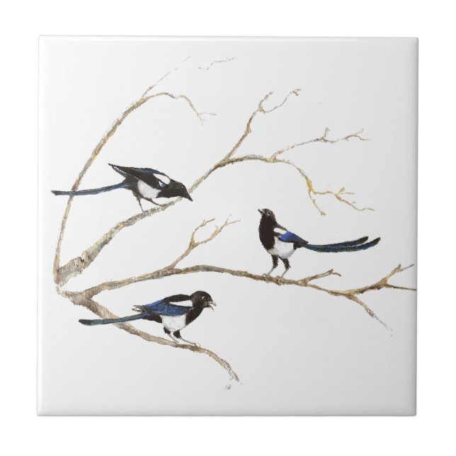 Carreau Aquarelle Magpie oiseaux de famille dans l'arbre (Devant)