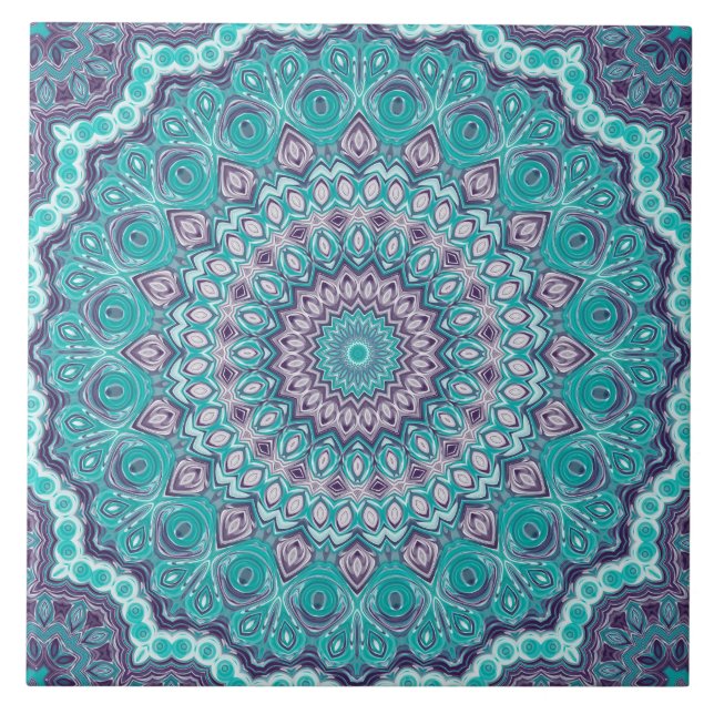 Carreau Aquarelle Mandala en Turquoise et violet (Devant)
