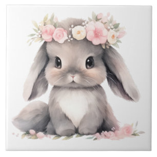 Carreau Aquarelle mignonne Bébé Lapin de Pâques Filles gra