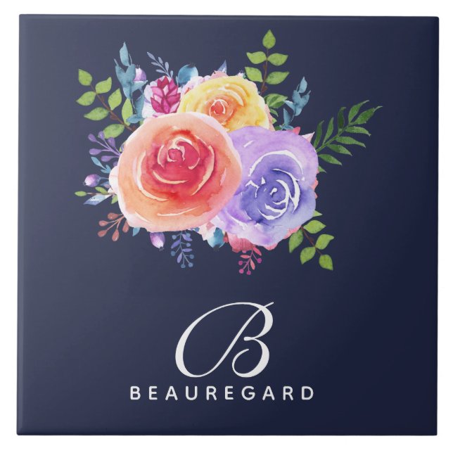 Carreau Aquarelle moderne Rose Bouquet Floral Monogramme (Devant)