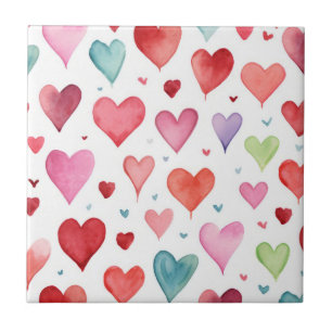 Carreau Aquarelle moderne Rouge rose bleu Motif de coeur