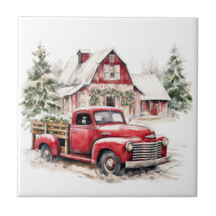 Carreau Aquarelle Noël Vintage Camion et grange