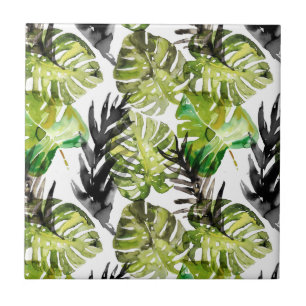 Carreau Aquarelle Noir Vert Tropical Feuille Motif