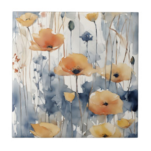 Carreau Aquarelle Orange Fleurs Blue Indigo Design 347