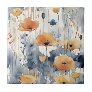 Carreau Aquarelle Orange Fleurs Blue Indigo Design 347