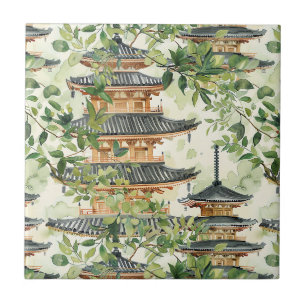 Carreau Aquarelle Pagode asiatique dans paysage verdoyant 