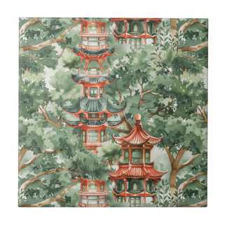 Carreau Aquarelle Pagode asiatique dans paysage verdoyant