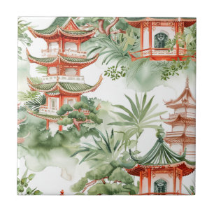 Carreau Aquarelle Pagode asiatique dans paysage verdoyant 