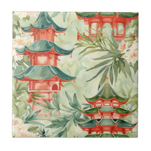Carreau Aquarelle Pagode asiatique dans paysage verdoyant 