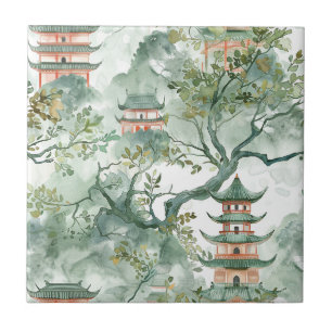 Carreau Aquarelle Pagode asiatique dans paysage verdoyant 