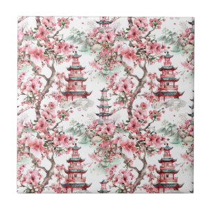 Carreau Aquarelle Pagode chinoise - Fleurs de cerisiers (1
