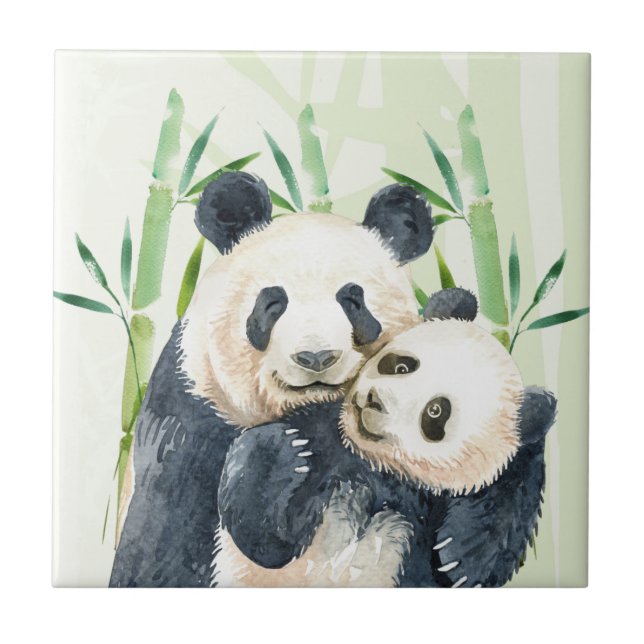 Carreau Aquarelle Panda Ours Maman & Bébé en Bambou (Devant)