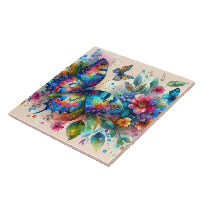 Carreau Aquarelle Papillon Floral Fleurs Bleu rose (Côté)